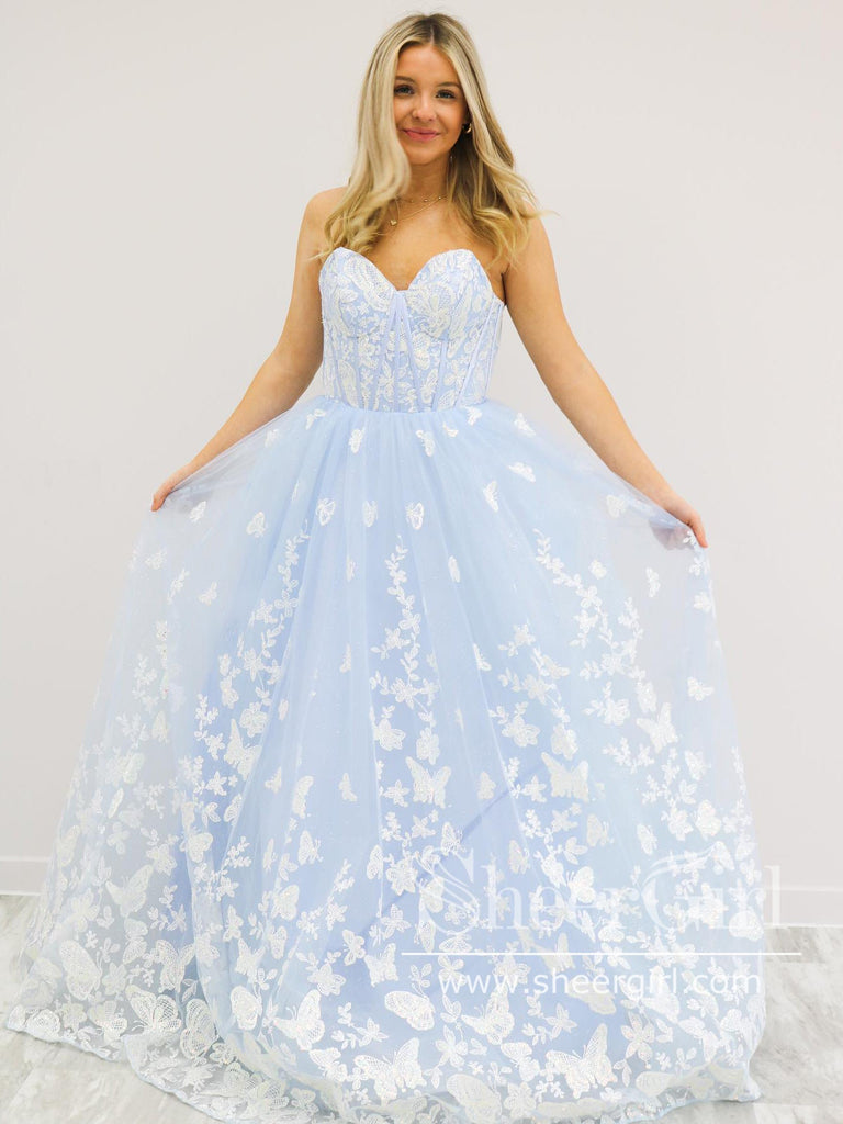 Light Blue Butterfly Applique Glitter Tulle Strapless Prom Dresses Wit –  clover sew